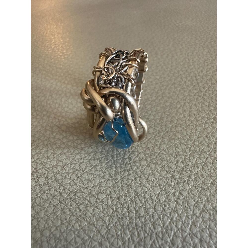 14k Gold Fill Wire Ring with Blue Agate‎ stone Crochet Band Fine Silver Size 8